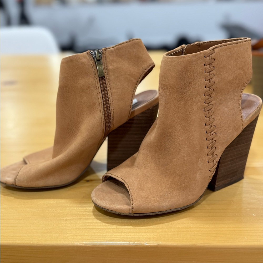 Steve Madden Tan Heeled Boots with Peep-Toe Design